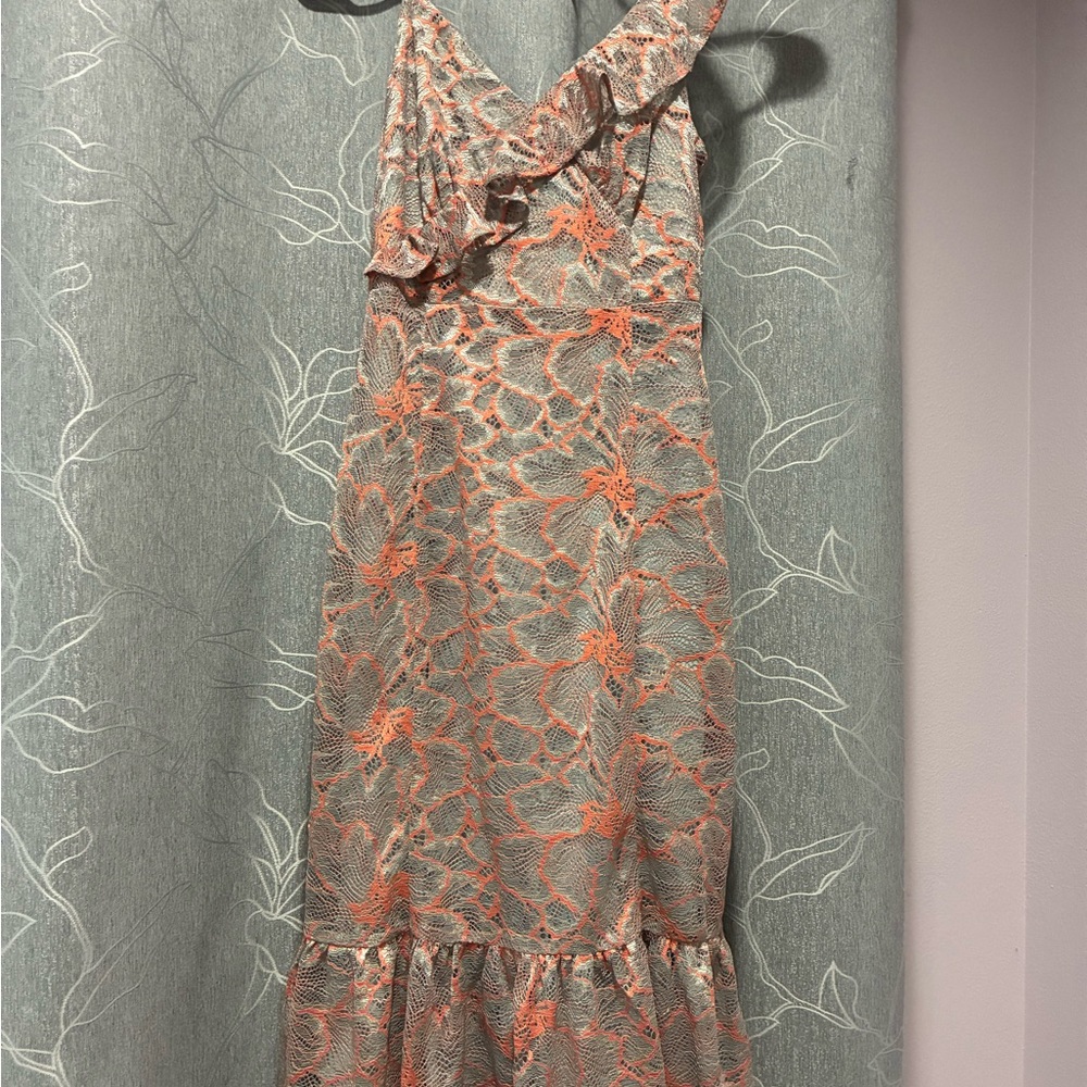 Lulu's One Shoulder Coral and Gray Dress